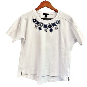 J. Crew White with Blue Embellishments Sz. Small Women's Short‎ Sleeve Blouse